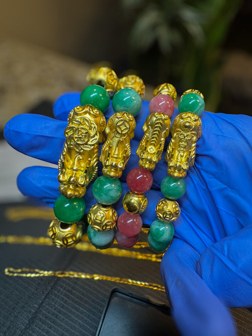24K Gold Charm Jade Bead Bracelet