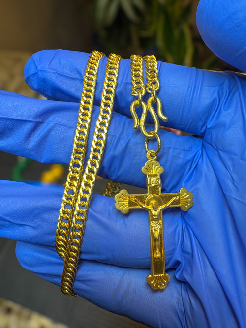 24k Solid Pure Gold Jesus Cross Chain Pendant Set 30.8G