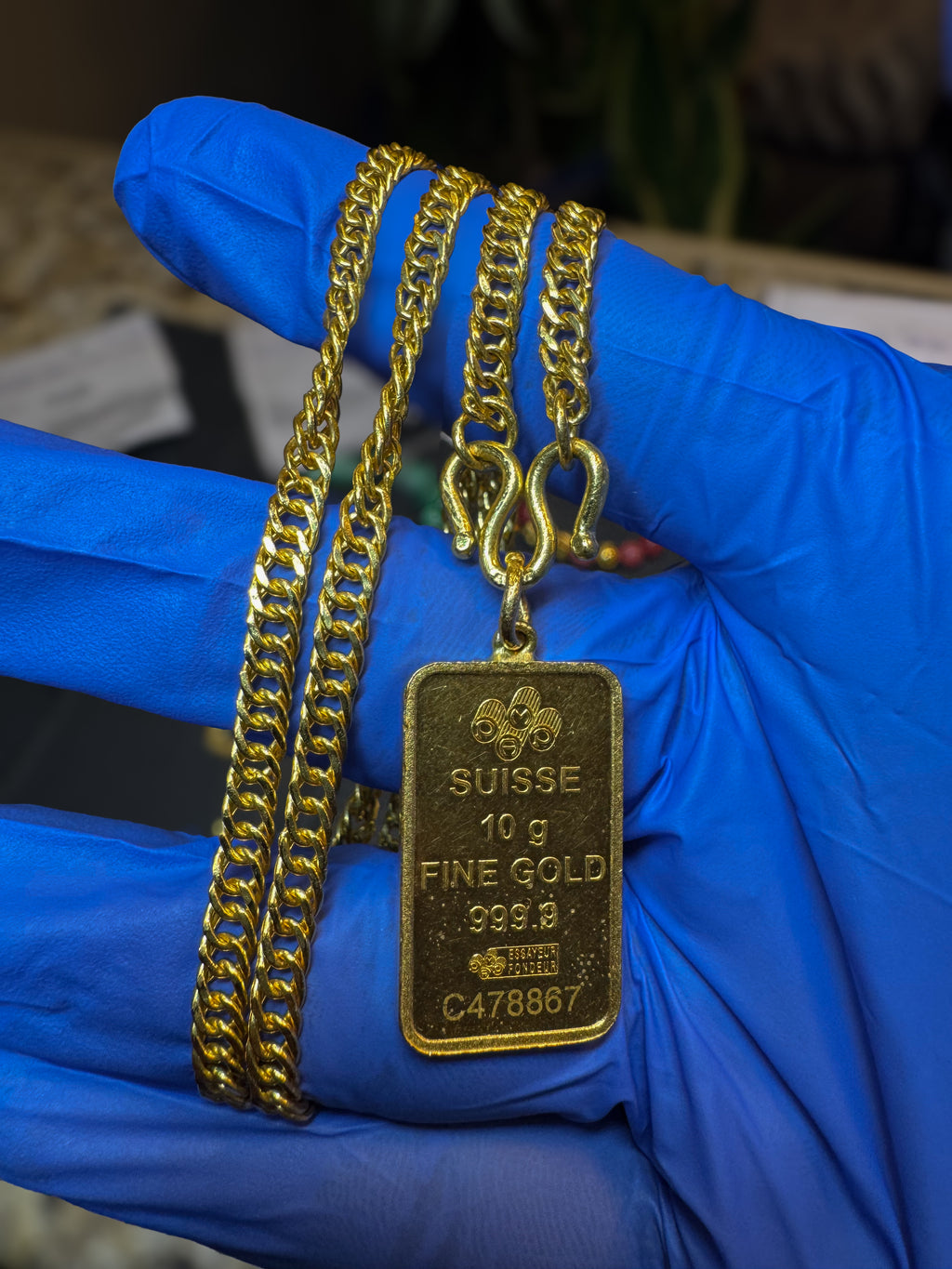 24K SOLID PURE GOLD 10 G BAR PENDANT “BISCUIT” SET 37.4 G