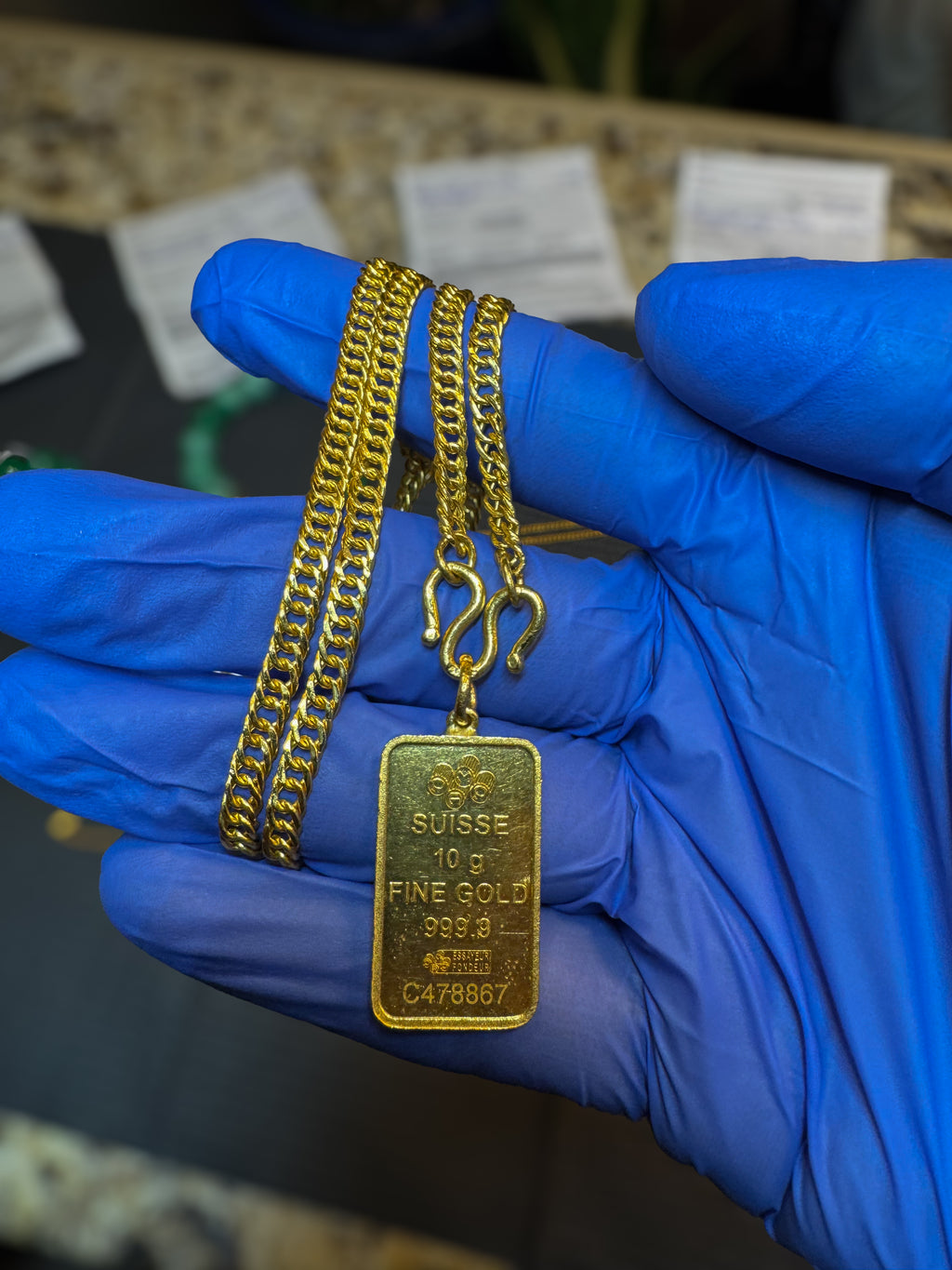 24K SOLID PURE GOLD 10 G BAR PENDANT “BISCUIT” SET 37.4 G